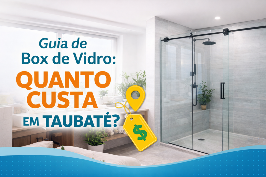 Box de vidro em Taubaté com o texto "Guia de Box de Vidro: Quanto custa em Taubaté?"