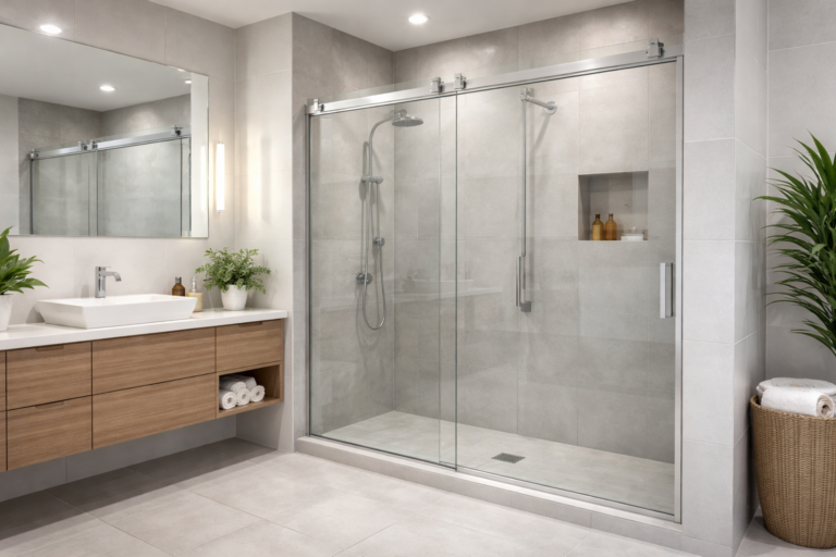 Box de vidro temperado instalado em banheiro moderno por vidraçaria em Taubaté, com acabamento em alumínio e portas deslizantes.