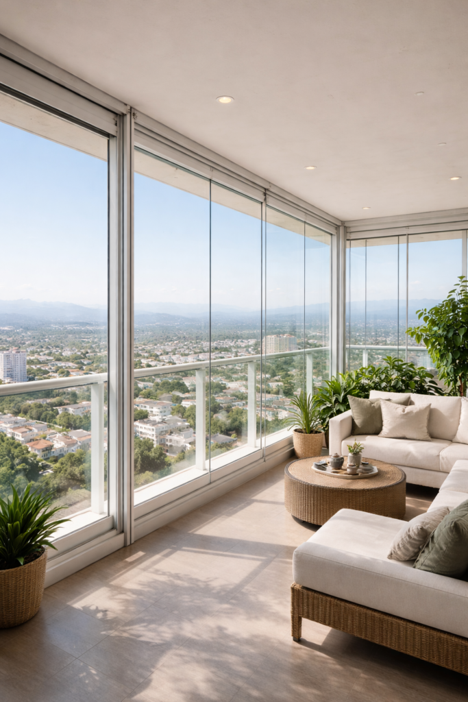 envidraçamento de sacada com cortina de vidro retrátil em apartamento moderno em Taubaté