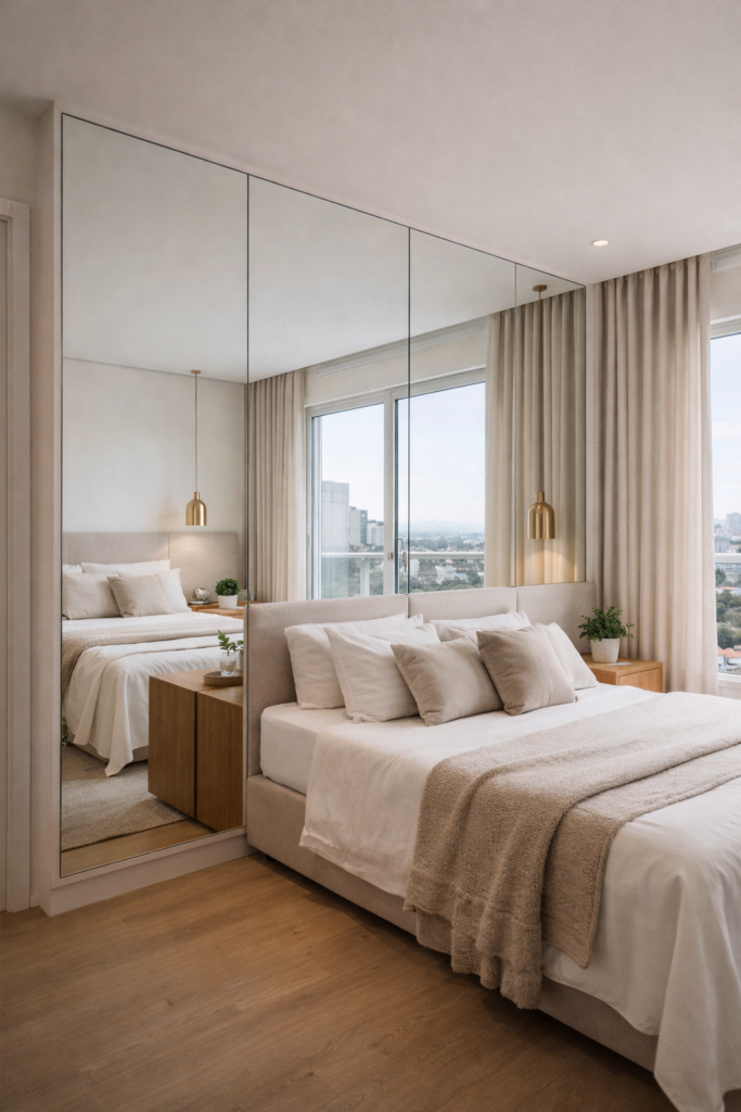 espelho sob medida grande instalado em quarto moderno em Taubaté refletindo cama e janela