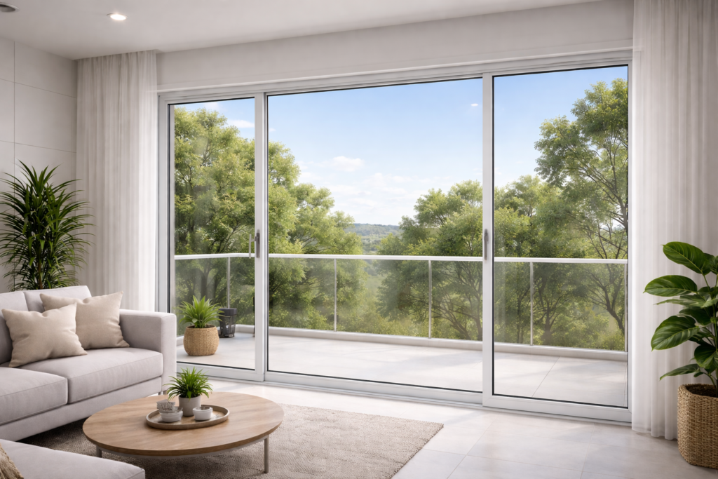 Janela de vidro temperado instalada em sala moderna com vista externa, serviço de instalação de janelas de vidro em Taubaté.